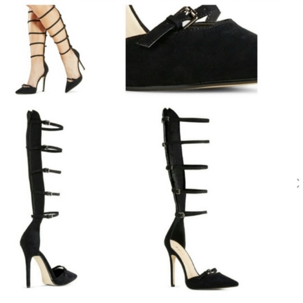 JUSTFAB Fawne black velvet gladiator pointy heels - Size 8